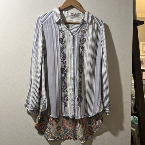 Chico's chicos size 2 Striped Medallion Tunic 12 14 Mixed Embroidered Large - Picture 4 of 16